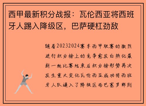 西甲最新积分战报：瓦伦西亚将西班牙人踢入降级区，巴萨硬杠劲敌