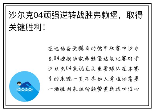 沙尔克04顽强逆转战胜弗赖堡，取得关键胜利！